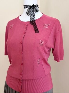 Vintage 90s pink floral embroidered fairy cottagecore coquette retro blouse M-L
